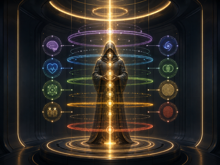 Hooded Architect figure standing inside a luminous alignment chamber as body, emotion, thought, environment, relationship, memory, and identity signals align into one coherent vertical axis.