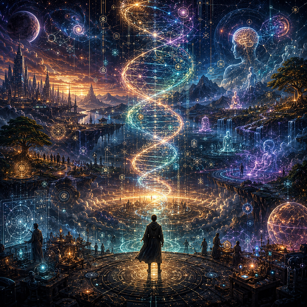 A multidimensional cosmic landscape centered around a luminous DNA-like signal helix surrounded by symbolic geometry, consciousness projections, harmonic fields, and layered civilizations representing pre-physical resonance architecture.