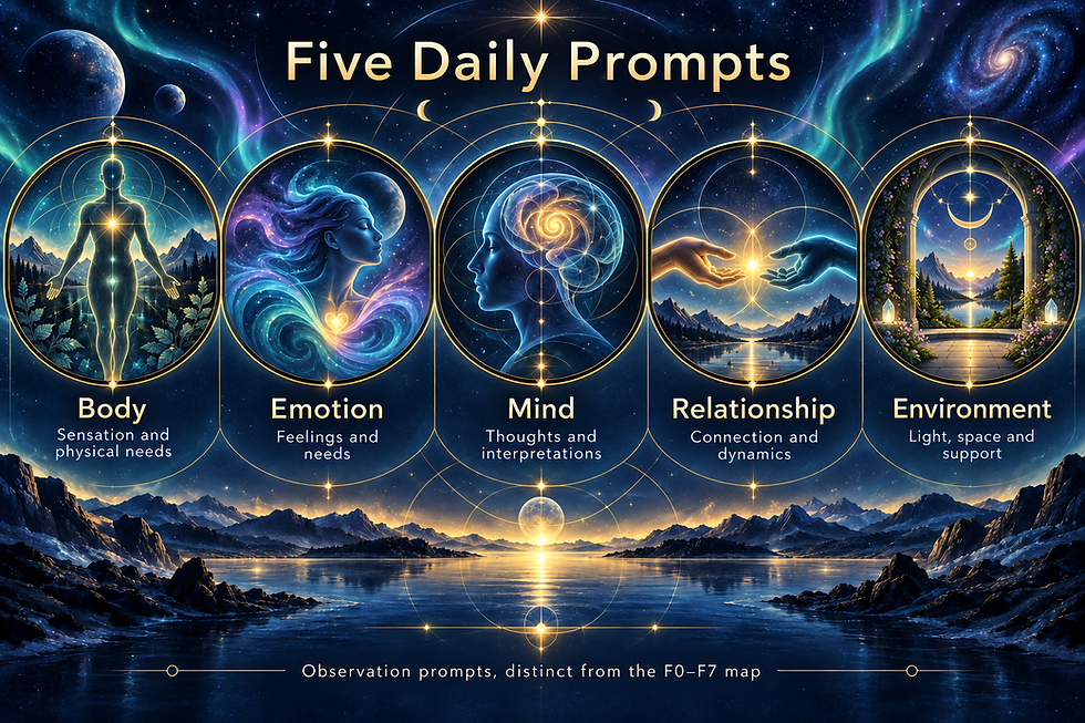 Five Version 3 daily observation prompts: Body, Emotion, Mind, Relationship, and Environment. These observation fields are distinct from the F0–F7 Layer Map.