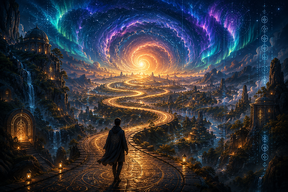 A lone figure walking along a luminous spiral road through a vast multidimensional city beneath swirling aurora skies and a radiant cosmic vortex, symbolizing entry into the Signal Field.