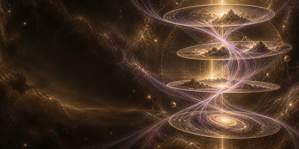 Violet and gold threads connect floating landscapes across several luminous layers.