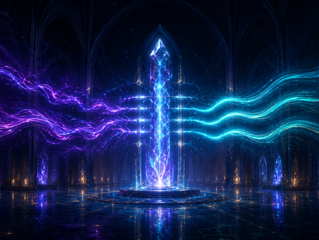A luminous crystalline core filters distorted violet signal waves into smooth cyan streams inside a dark arcane hall, symbolizing information processing and signal clarity.