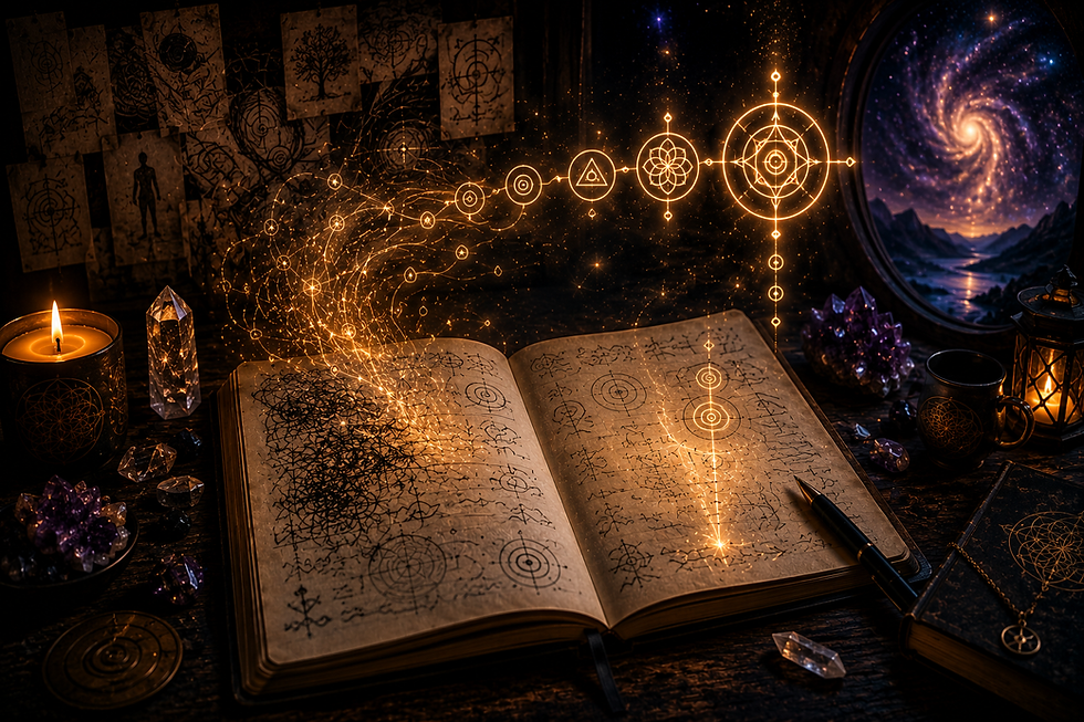 An open symbolic journal with golden glyphs, particles, and geometric symbols rising from the page, representing pattern recognition, signal tracking, and personal symbolic language.