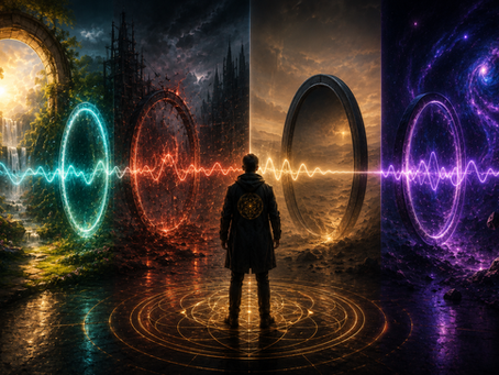 A lone figure standing before four dimensional portals connected by a glowing waveform, each environment reacting differently to the same signal across compatible, distorted, neutral, and amplified fields.