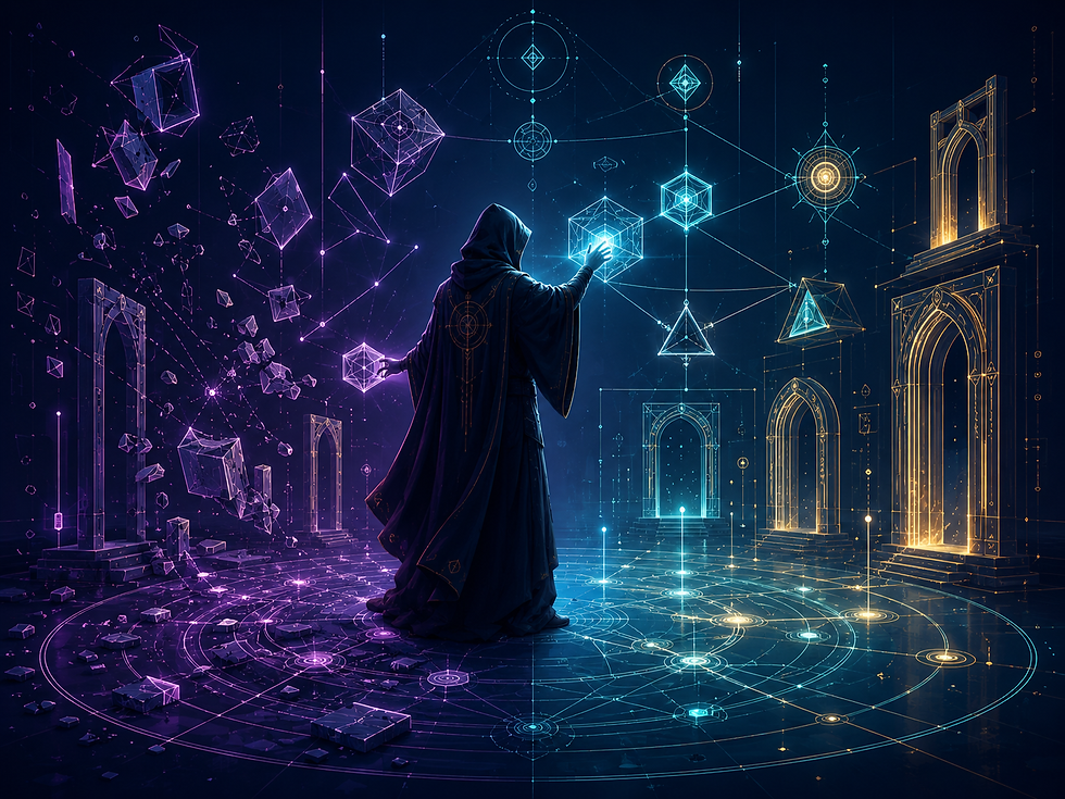 A cloaked figure explores fragmented and connected luminous geometries.