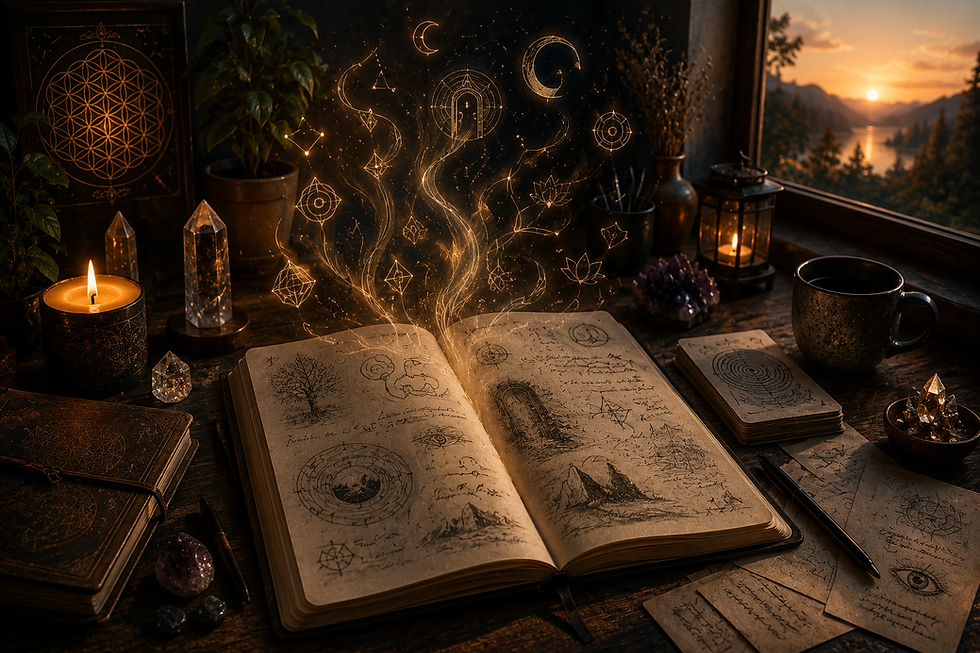 An open illustrated journal on a candlelit desk, with golden symbols rising above the pages.