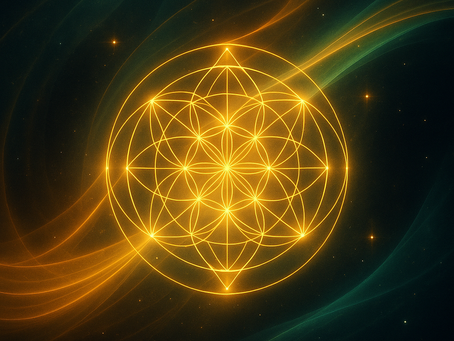 A radiant golden geometric mandala glows against a cosmic backdrop of deep blues and nebula textures. Light trails and symbols pulse around the sacred design, suggesting active frequency and dimensional intelligence.