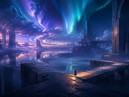 Aurora light above a still lake and distant ruins, suggesting the open threshold of F0 Void Signal.