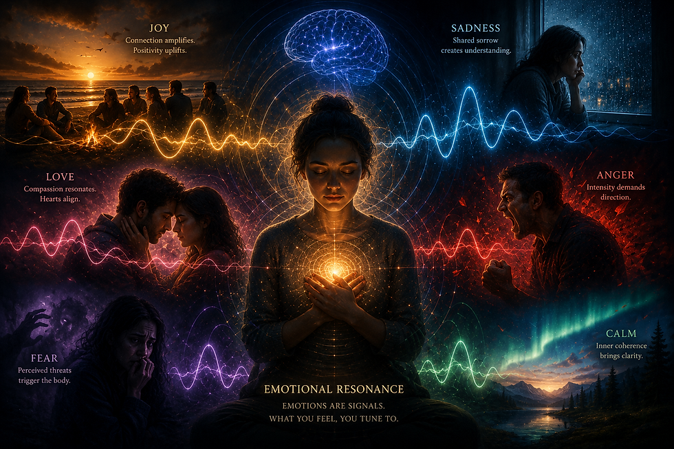 A woman holding light is surrounded by symbolic scenes of joy, sadness, love, anger, fear and calm.