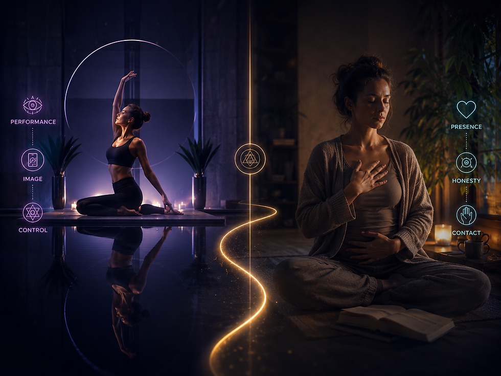 Two scenes contrast a staged pose with a quiet moment of personal contact.