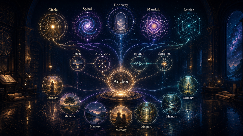Circles, a spiral, doorway, mandala, and lattice linked to memory scenes.
