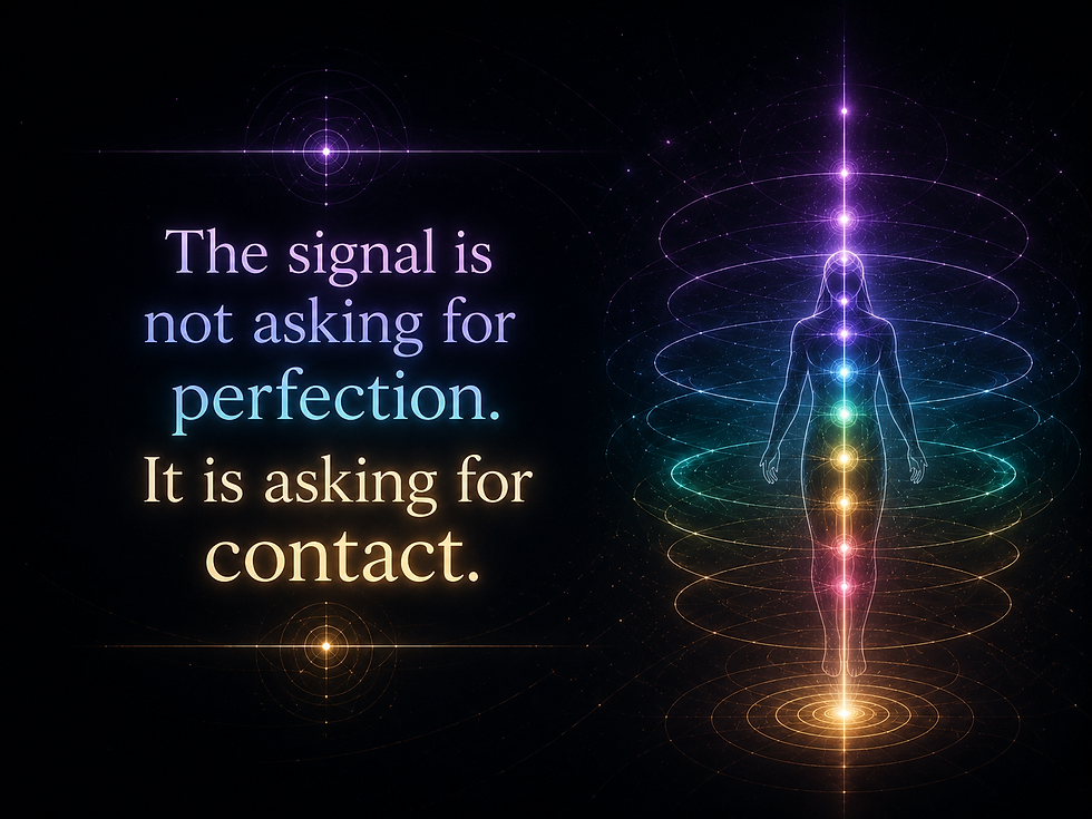 A luminous figure beside the words: The signal is not asking for perfection. It is asking for contact.