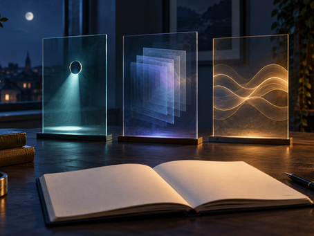 An open notebook on a dark desk beneath three glass panels showing a focused light, layered traces and flowing gold contours.