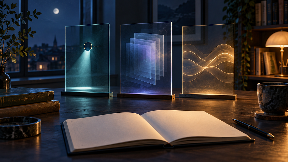 An open notebook on a dark desk beneath three glass panels showing a focused light, layered traces and flowing gold contours.
