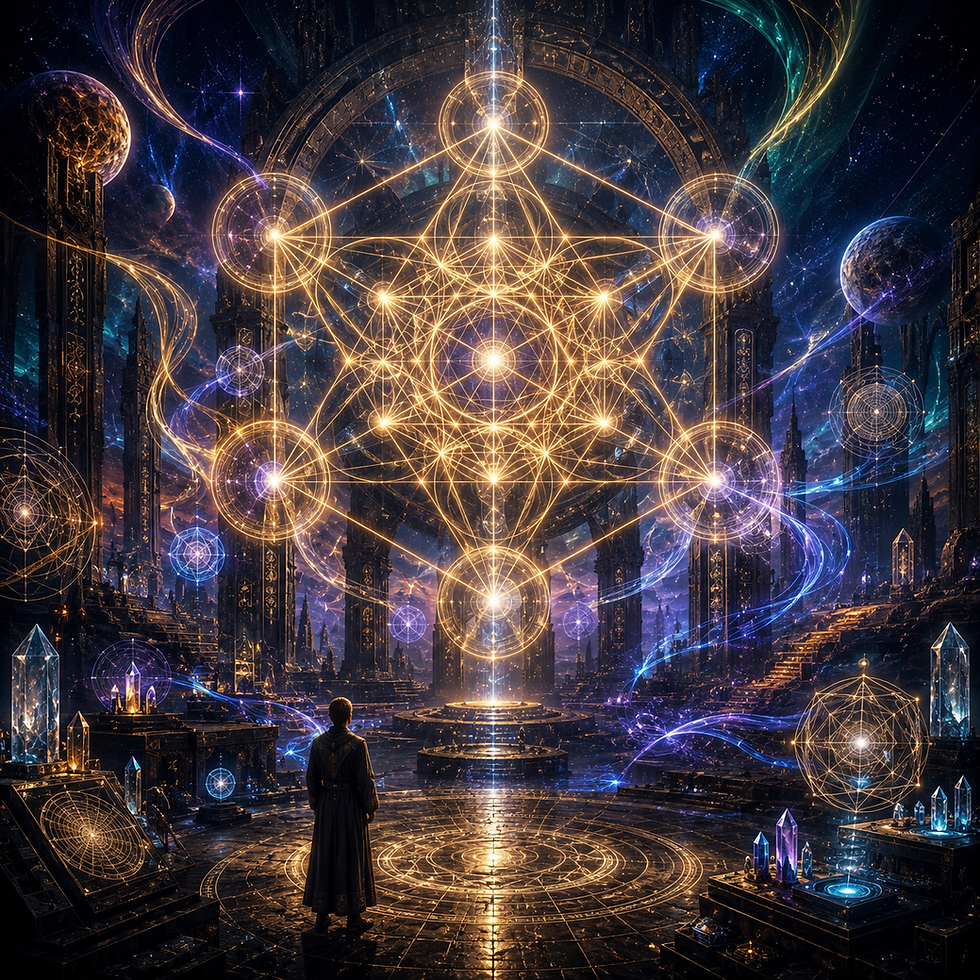 A vast cosmic temple containing luminous sacred geometry structures, harmonic energy pathways, crystalline anchors, and multidimensional resonance networks representing geometry as the structural language of consciousness and reality.