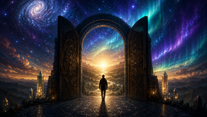 A lone figure standing before a glowing cosmic gateway surrounded by sacred geometry and celestial skies representing entry into the Signal Field framework.