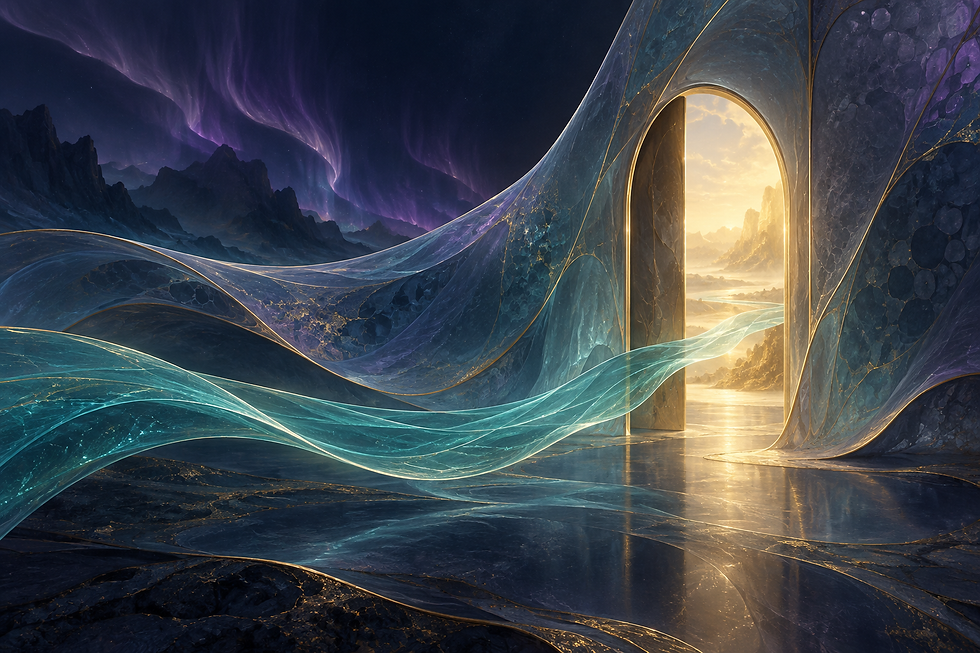 A symbolic open threshold in a flowing translucent surface with teal and gold light.