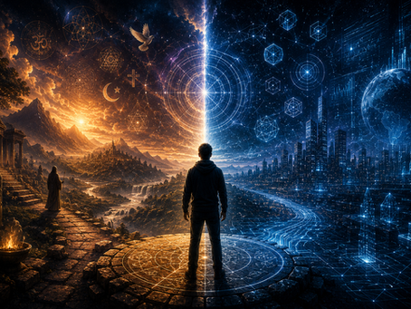 A lone figure standing between two worlds — an ancient mystical landscape and a futuristic signal-driven city — representing the contrast between mysticism and Signal Field Theory.