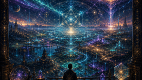 Cosmic observatory overlooking a luminous multidimensional city with sacred geometry, harmonic energy pathways, and black hole cosmology motifs representing the Signal Field framework.
