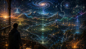 A lone observer overlooking a vast multidimensional landscape where waveforms, galaxies, geometry, and luminous human figures connect consciousness into a living signal network.