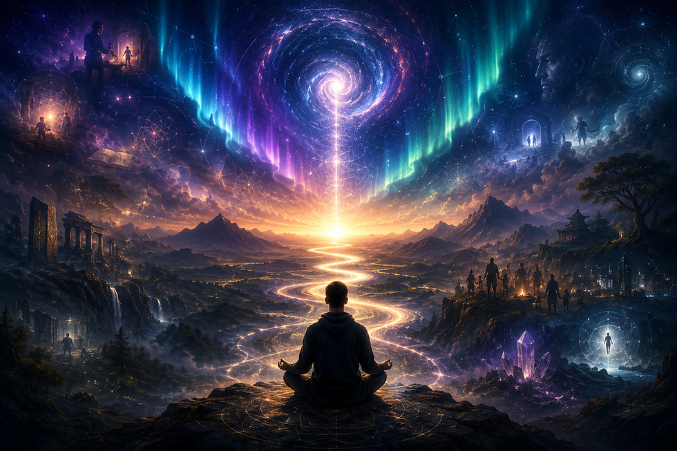 A meditating figure overlooking a glowing cosmic river beneath aurora lights, sacred geometry, mountains, stars, and layered symbolic memory scenes representing the Aurora Continuum.