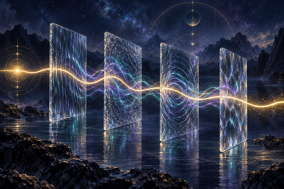 A golden thread passes through rippled glass planes over dark water, surrounded by scattered teal and violet echoes.