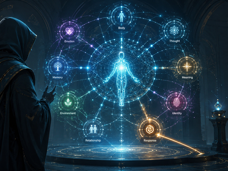A hooded observer studies a glowing human figure linked to body, emotion, thought, memory, meaning, environment, identity, relationship, and response.
