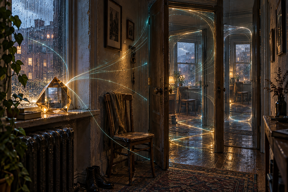 A rain-lit corridor repeats through translucent spatial folds as luminous field lines converge around a small prism.