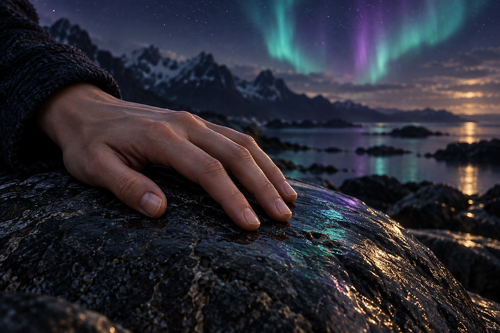 A relaxed hand rests on dark stone beneath teal and violet auroral light.