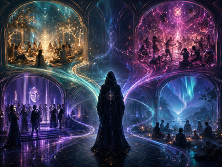 Hooded Architect figure standing before four glowing group fields, each showing a different social environment: coherent, reactive, performative, and quiet.