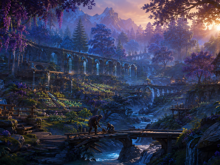 Waterways converging through a forest settlement, symbolizing values expressed through connected everyday action.
