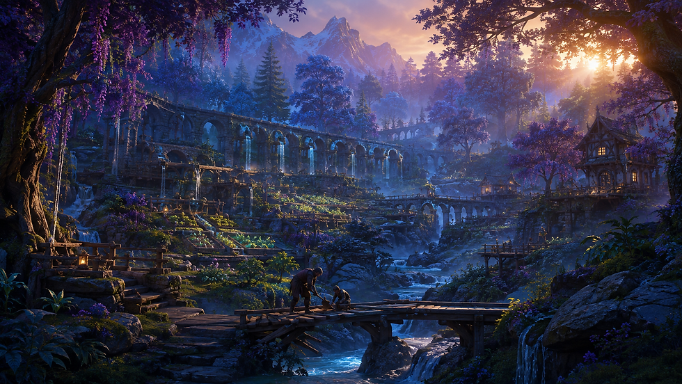 Waterways converging through a forest settlement, symbolizing values expressed through connected everyday action.