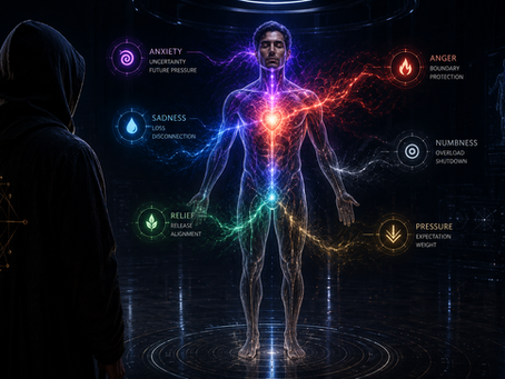 Hooded Architect figure observing a luminous emotional body-field with colored signal currents labeled anxiety, anger, sadness, relief, numbness, and pressure.
