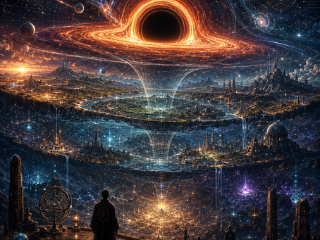 A colossal black hole suspended above interconnected dimensional landscapes, with luminous resonance pathways, geometric structures, and cosmic architecture flowing through nested realities beneath a galactic sky.
