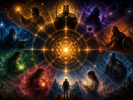Cosmic archetypal figures arranged around a glowing central mandala, representing archetypes as symbolic signal carriers across identity, memory, emotion, and human consciousness.