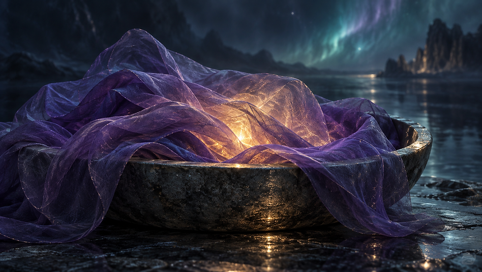 Gold light shines through gathered folds of violet fabric in a stone basin.
