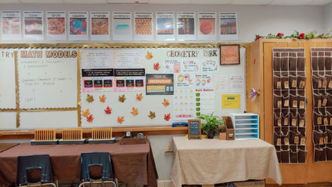 Math classroom with geometry whiteboards and autumn decor