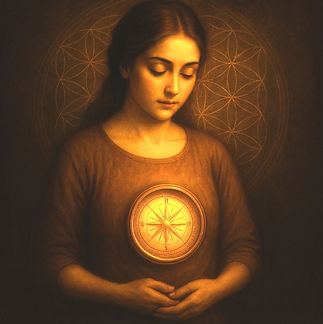 Frau mit sanft geschlossenen Augen hält ihre Hände über den Bauch. Goldenes Licht strahlt aus der Körpermitte – Sinnbild für Sicherheit, Vertrauen und das eigene Bauchgefühl.