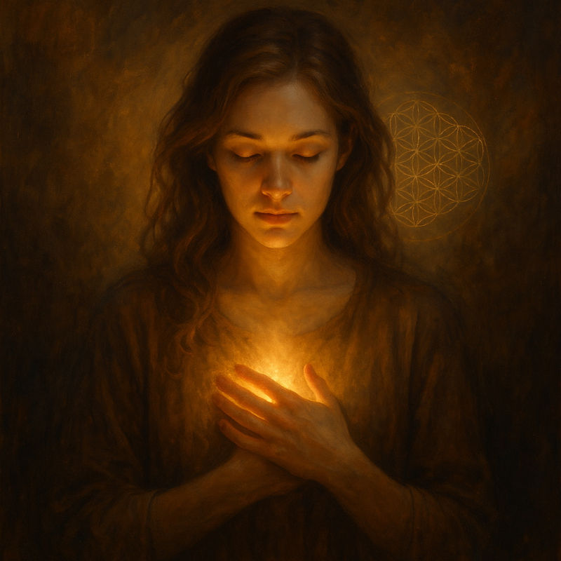 Junge Frau mit leuchtender Körpermitte im goldenen Licht – Symbol für psychosomatische Symptome, innere Verbindung und ganzheitliche Heilimpulse in der Naturheilpraxis.