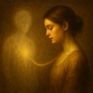 Symbolisches Gemälde einer Frau in goldenem Licht, die sich mit einer schemenhaften Lichtgestalt über das Herz verbindet – Darstellung der Verbindung zwischen Körper und Seele in der Naturheilpraxis Selma Alacam Mannheim.