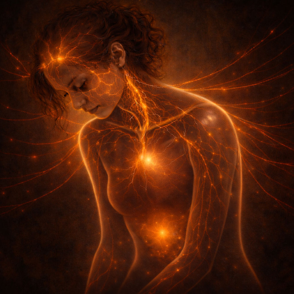 Transparente Frau mit sichtbar aktiviertem orange-goldenem Nervensystem als Symbol für chronischen Dauerstress und Überaktivierung des Nervensystems