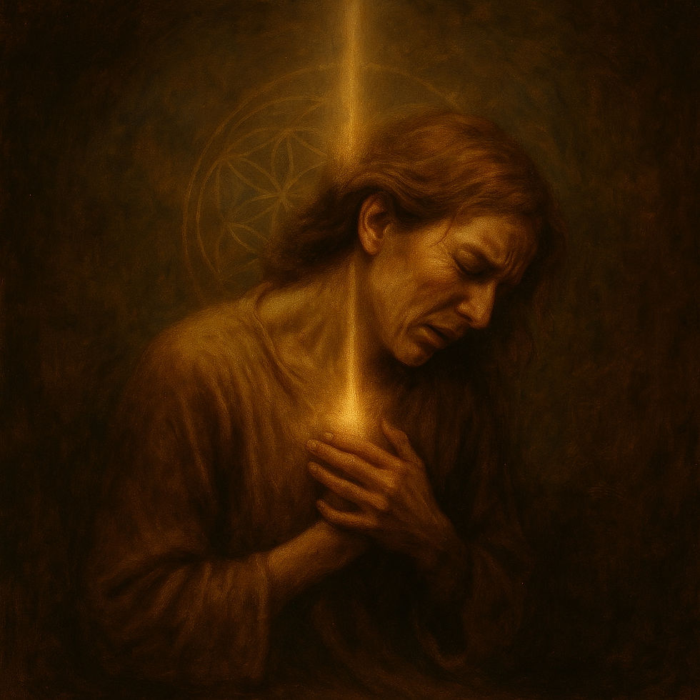 Gemälde eines Mannes mit geneigtem Kopf in goldener Lichtstimmung. Symbol für spirituelle Begleitung bei Schmerzen, Migräne, Erschöpfung und psychosomatischen Symptomen in der Naturheilpraxis Selma Alaçam in Mannheim.