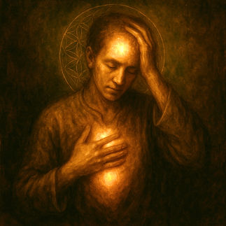 Darstellung eines Menschen mit goldenem Licht um den Kopfbereich – Symbol für Migräne, emotionale Belastung und innere Anspannung.