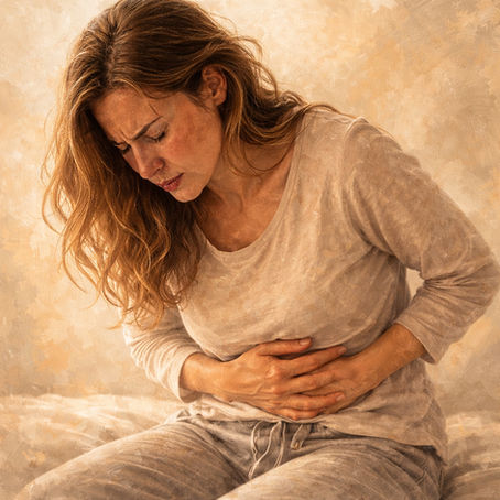 Frau mit Bauchschmerzen hält sich den Bauch - mögliche Beschwerden bei einer Dünndarmfehlbesiedelung (SIBO) wie Blähungen oder Druck im Bauch