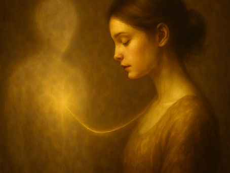 Symbolisches Gemälde einer Frau in goldenem Licht, die sich mit einer schemenhaften Lichtgestalt über das Herz verbindet – Darstellung der Verbindung zwischen Körper und Seele in der Naturheilpraxis Selma Alaçam Mannheim.