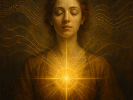 Altmeisterlich gemaltes, quadratisches Porträt in goldener Lichtstimmung: eine Person empfängt geordnetes, feines Licht und strahlt selbst leuchtende Energie aus – Symbol für Schwingung, Resonanz und Frequenztherapie in der Naturheilpraxis Selma Alaçam in Mannheim.