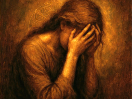 Frau hält den Kopf in den Händen, umgeben von warmem goldenen Licht – Symbol für Migräne, Trauer und den stillen Prozess innerer Anspannung und Loslösung.