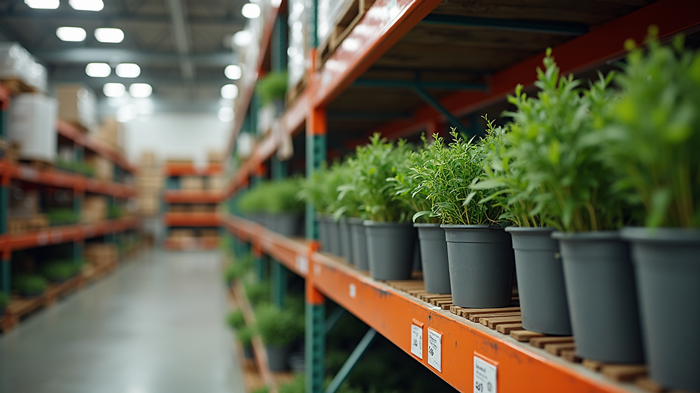 Close-up view of a warehouse shelf stocked with neatly organized garden supplies