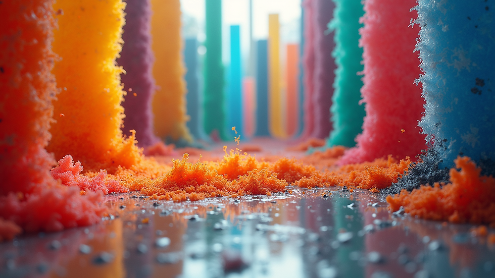Eye-level view of a vibrant art installation featuring multiple colors and textures