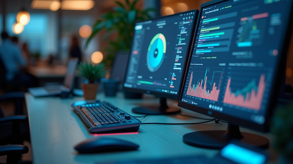 High angle view of a modern workspace with a digital dashboard